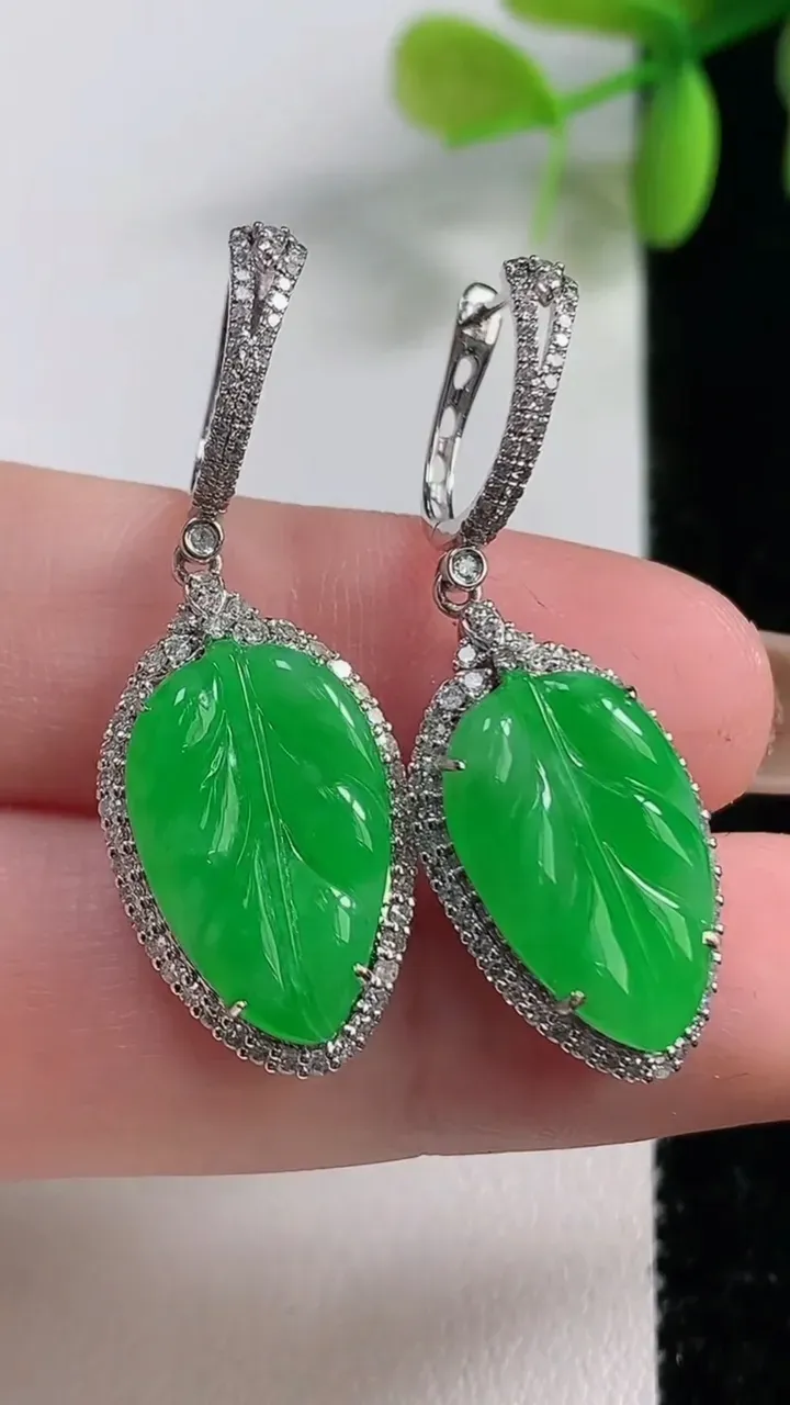 天然A货翡翠金枝玉叶 叶子耳坠，尺寸17.2-10.6-5.4，重量:5.57g
11月10日