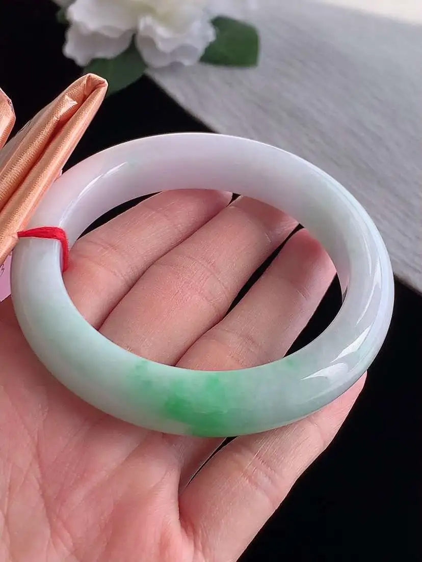 a货翡翠老坑冰种春带彩淡紫罗兰飘绿厚装正装正圈手镯57-58圈口  尺寸57.5×12.3×9.5mm 1115