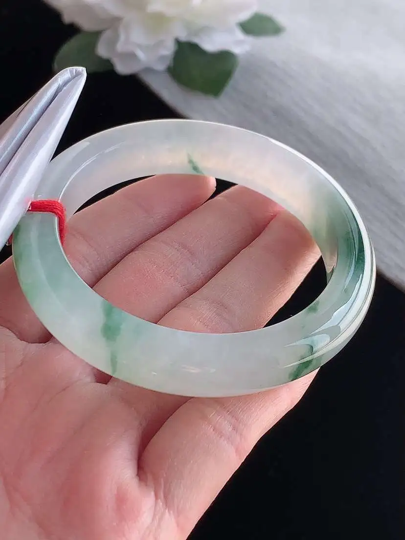 a货翡翠老坑冰种飘花正装正圈手镯54-55圈口  尺寸54.8×12×8.5mm 1115