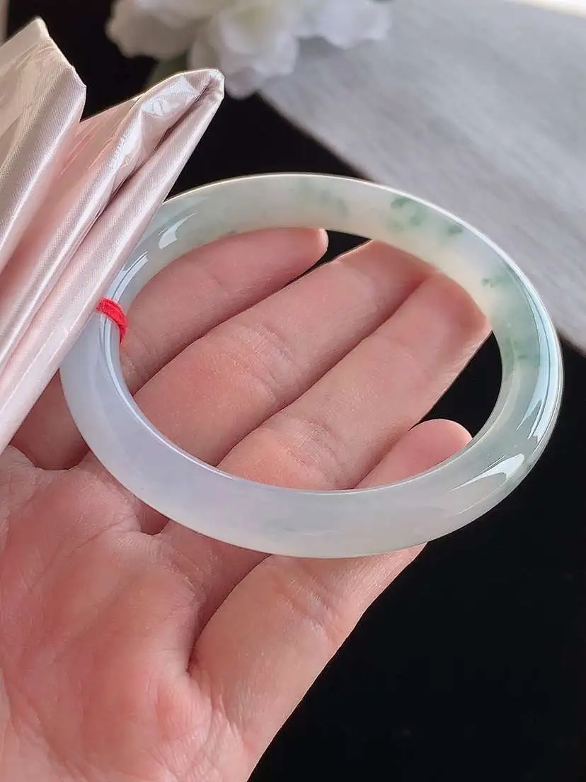 a货翡翠老坑冰种飘花半山半水圆条手镯53-54圈口尺寸53.6×8mm 1115