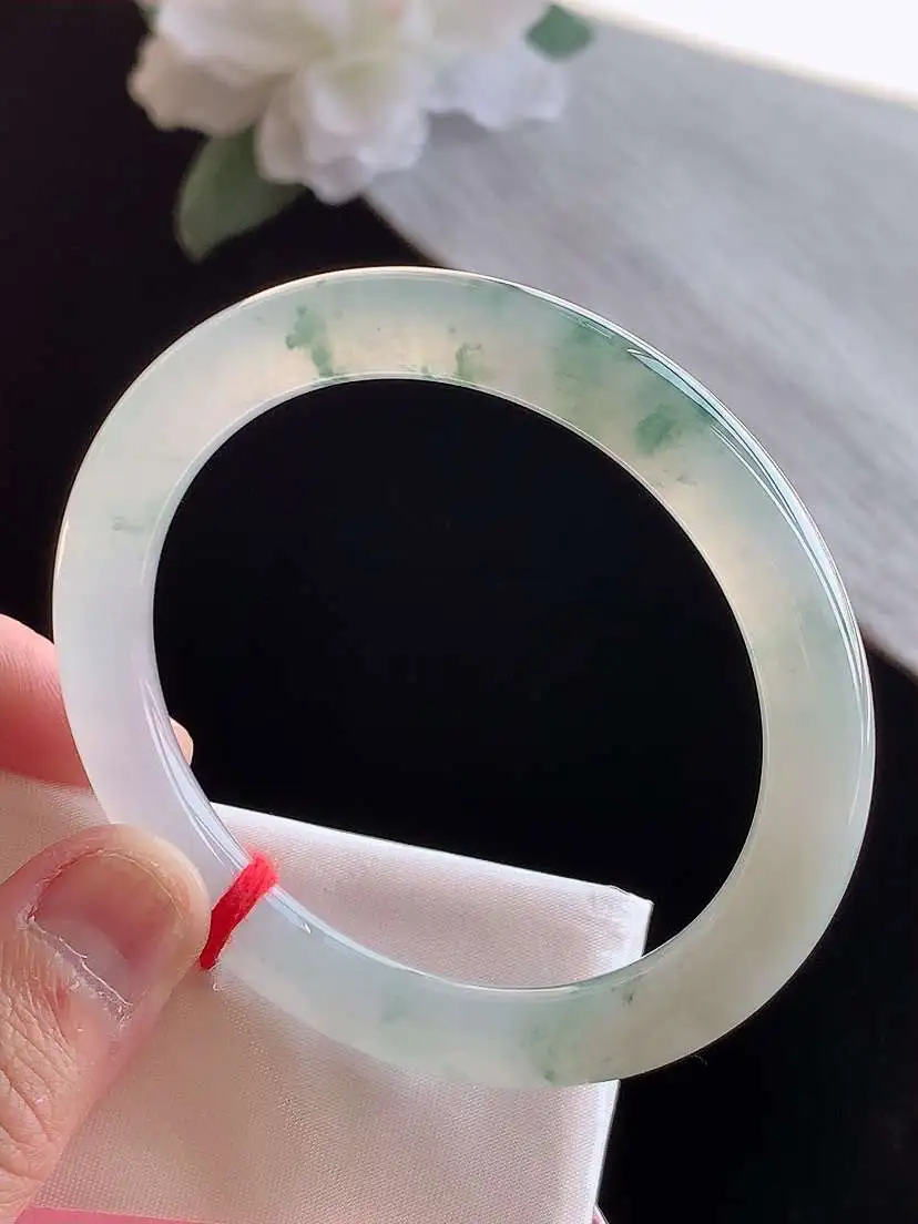 a货翡翠老坑冰种飘花半山半水圆条手镯53-54圈口尺寸53.6×8mm 1115