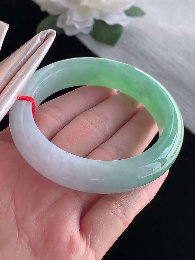 a货翡翠老坑冰种春带彩紫罗兰飘绿正装正圈手镯55-56圈口 尺寸55.8×13.3×9.3mm 1115