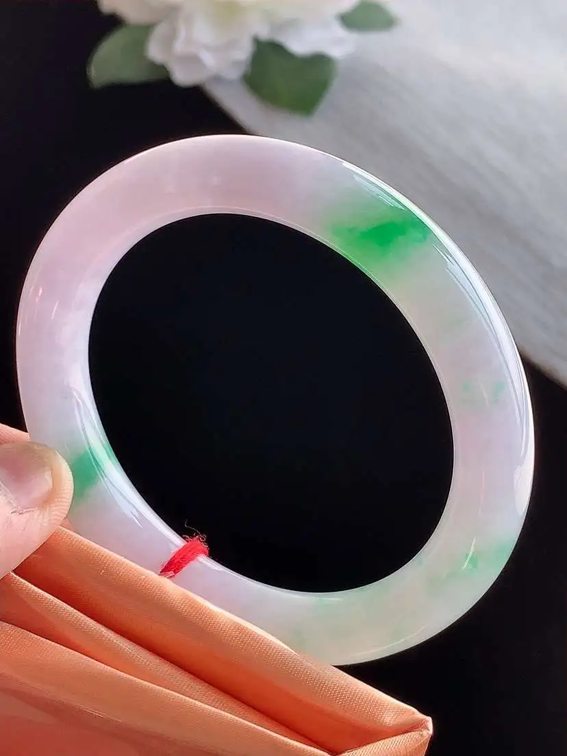 a货翡翠老坑冰种春带彩紫罗兰飘绿圆条手镯54-55圈口 尺寸54.6×10.2mm 1115