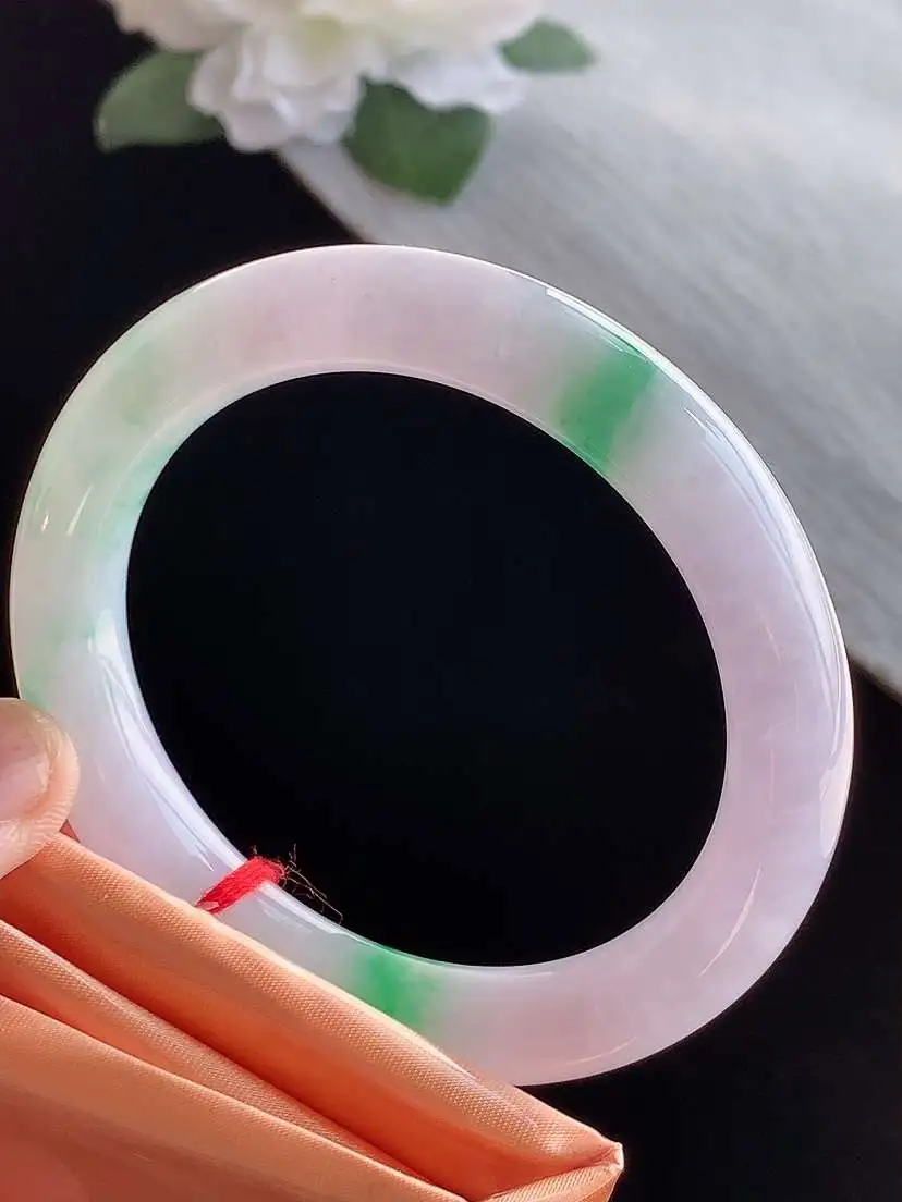 a货翡翠老坑冰种春带彩紫罗兰飘绿圆条手镯54-55圈口 尺寸54.6×10.2mm 1115