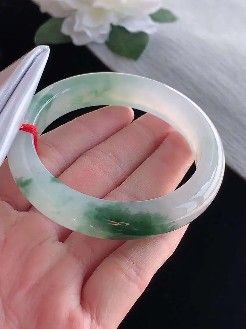 a货翡翠老坑冰种飘花正装正圈手镯54-55圈口  尺寸54.8×12×8.5mm 1115
