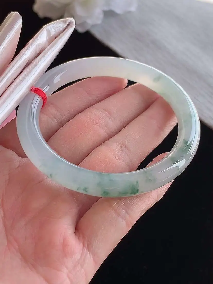 a货翡翠老坑冰种飘花半山半水圆条手镯53-54圈口尺寸53.6×8mm 1115