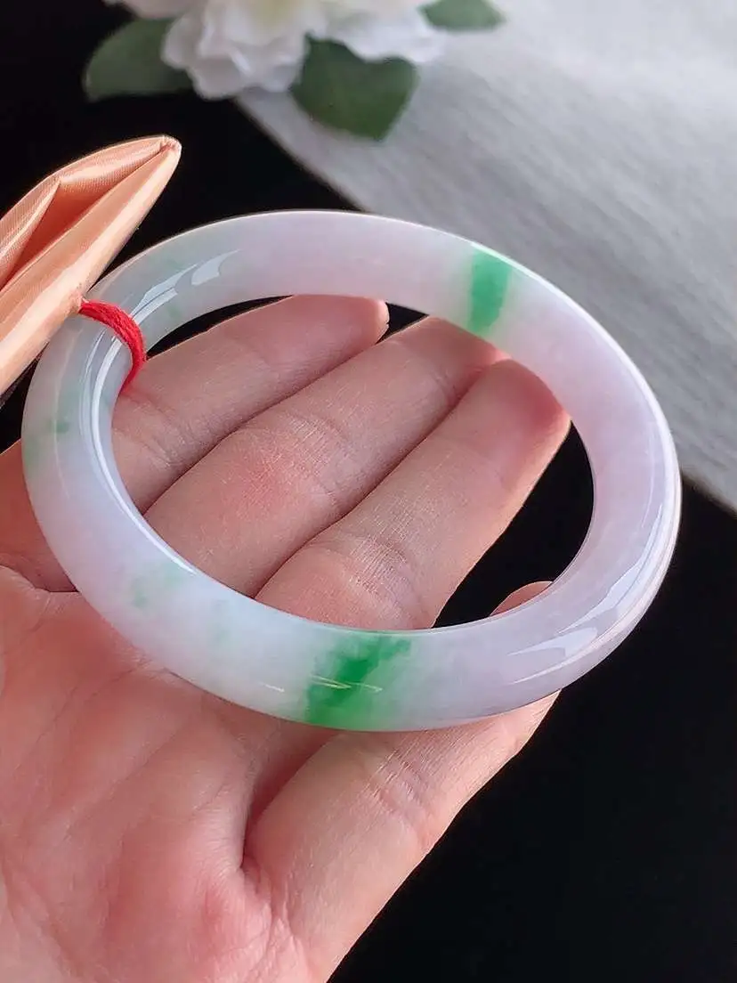 a货翡翠老坑冰种春带彩紫罗兰飘绿圆条手镯54-55圈口 尺寸54.6×10.2mm 1115