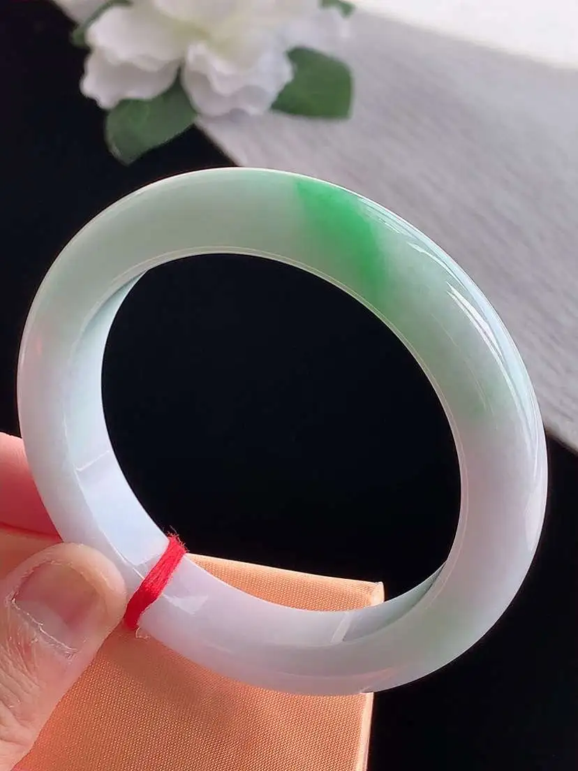 a货翡翠老坑冰种春带彩淡紫罗兰飘绿厚装正装正圈手镯57-58圈口  尺寸57.5×12.3×9.5mm 1115