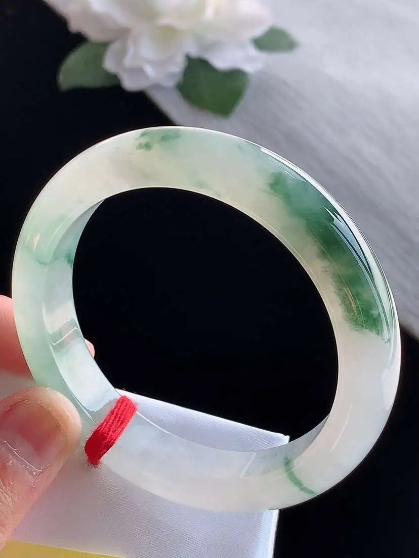 a货翡翠老坑冰种飘花正装正圈手镯54-55圈口  尺寸54.8×12×8.5mm 1115