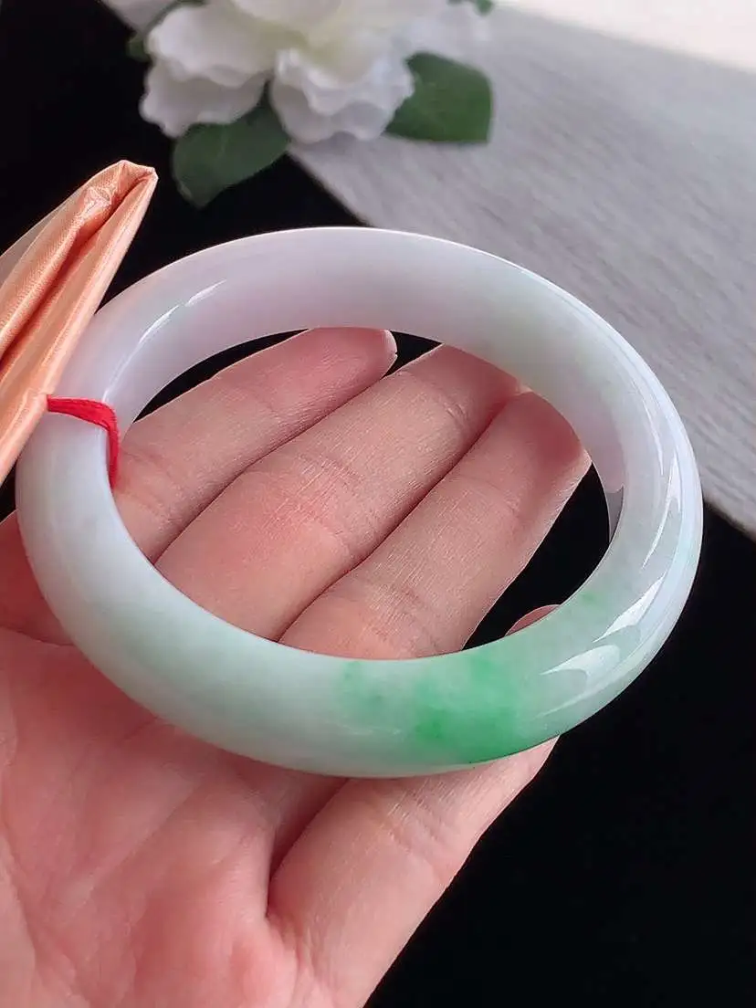 a货翡翠老坑冰种春带彩淡紫罗兰飘绿厚装正装正圈手镯57-58圈口  尺寸57.5×12.3×9.5m