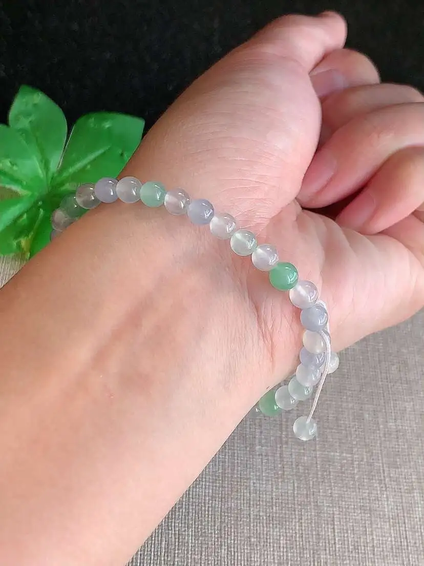 a货翡翠老坑冰种甜绿白月光圆珠佛珠手串36颗  尺寸4.8mm 重量8.12g 1115