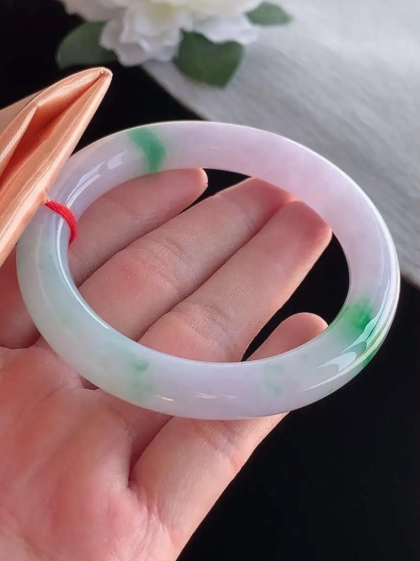 a货翡翠老坑冰种春带彩紫罗兰飘绿圆条手镯54-55圈口 尺寸54.6×10.2mm 1115