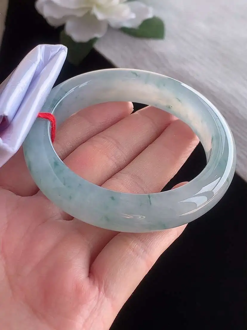 a货翡翠老坑冰种飘花正装正圈手镯54-55圈口  尺寸54.8×12.8×9mm 1116