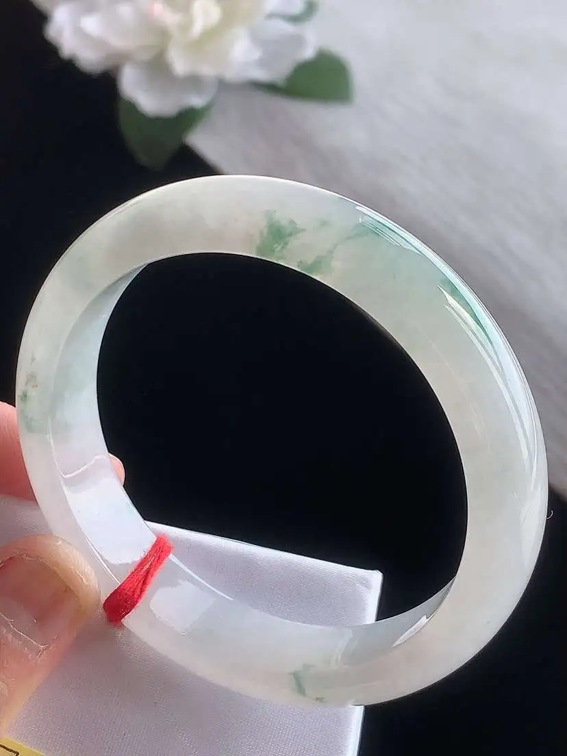 a货翡翠老坑冰种飘花正装正圈手镯57-58圈口  尺寸57.5×13.3×8mm 1116