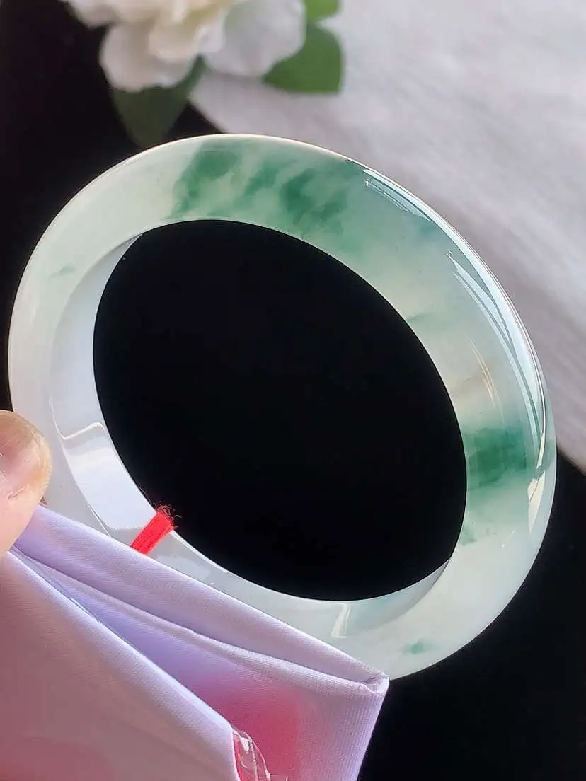 a货翡翠老坑冰种飘花正装正圈手镯59-60圈口  尺寸59×12.5×9mm 1116 A88