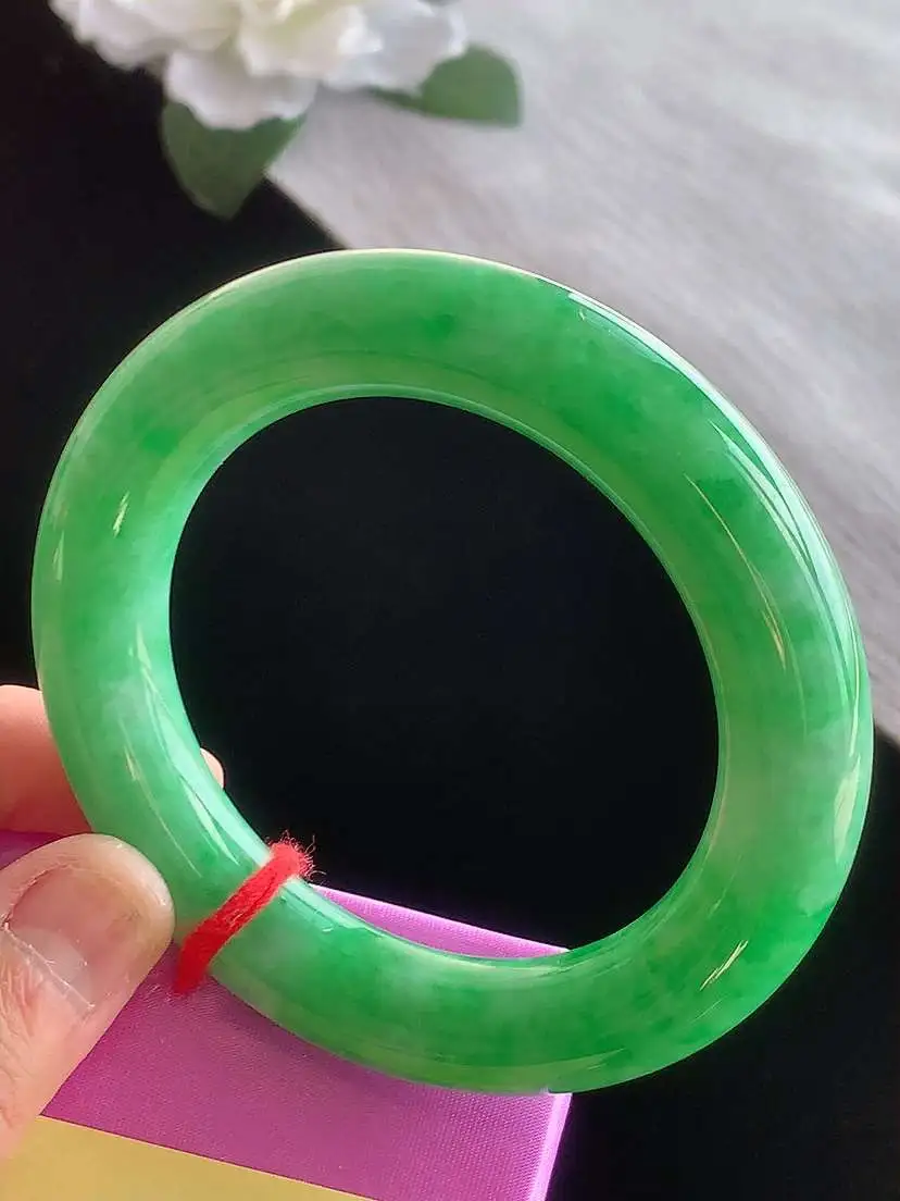 a货翡翠老坑冰种满绿胖圆条手镯53-54圈口 尺寸53.8×12mm 1116