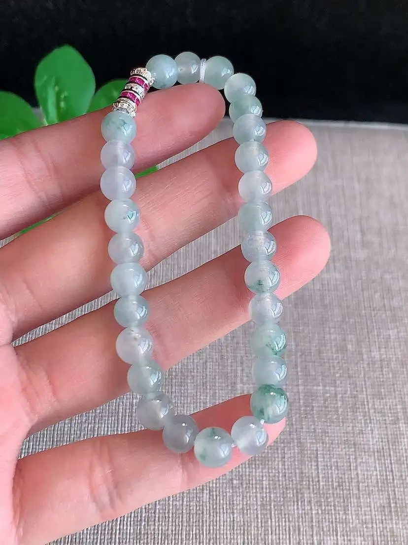 a货翡翠老坑冰种飘花圆珠佛珠手串28颗 尺寸6.3mm 重量14.88g 1116