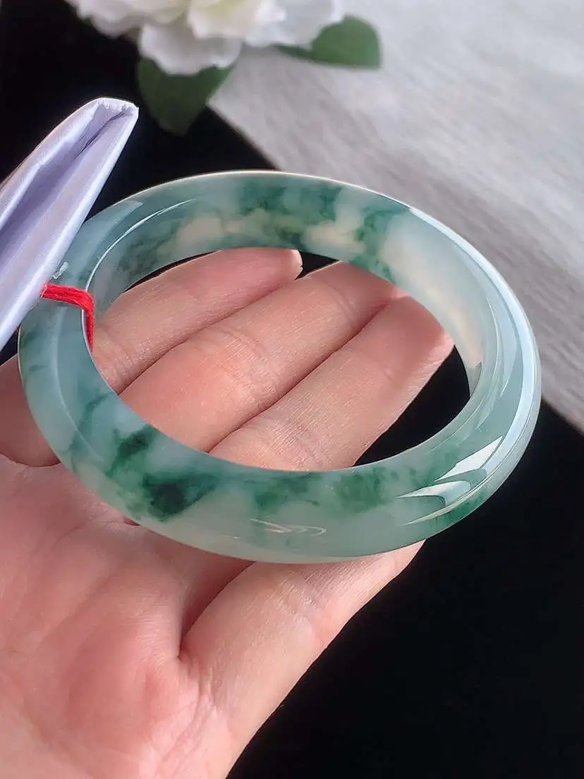 a货翡翠老坑冰种飘花正装正圈手镯56-57圈口  尺寸56.7×12×9.3mm 1116 A77