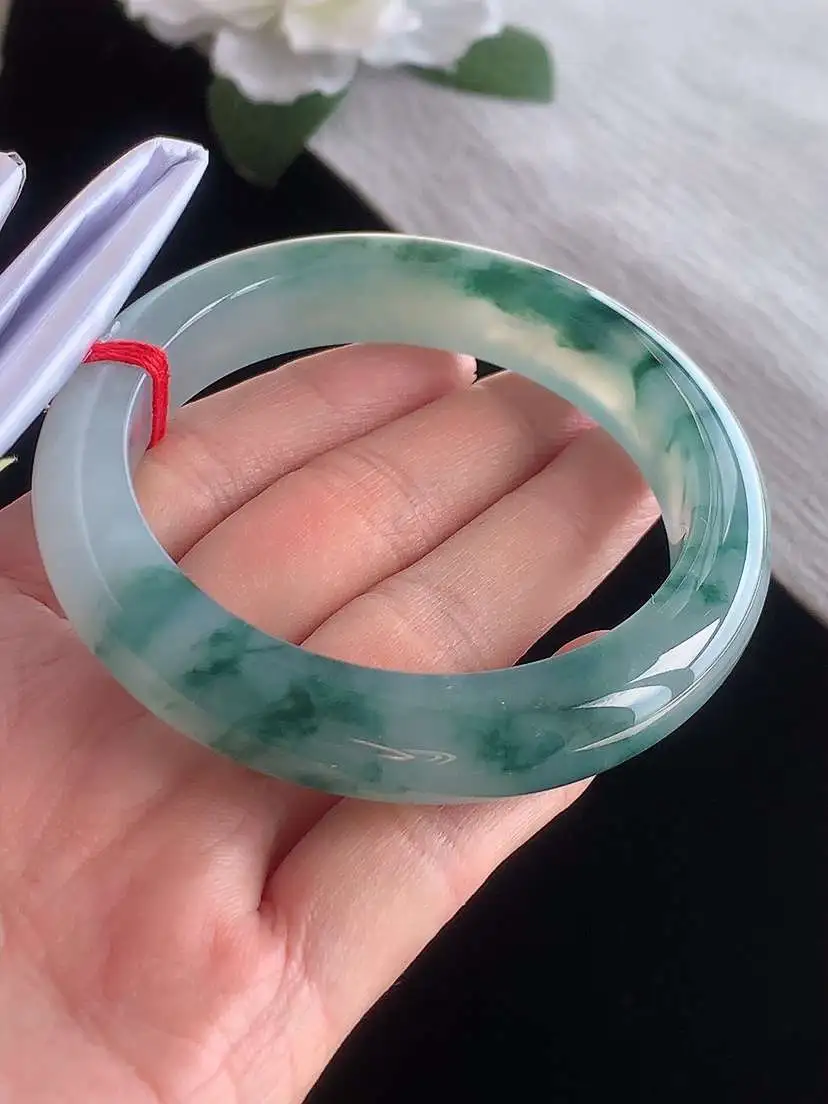 a货翡翠老坑冰种飘花正装正圈手镯56-57圈口  尺寸56.7×12×9.3mm 1116 A77