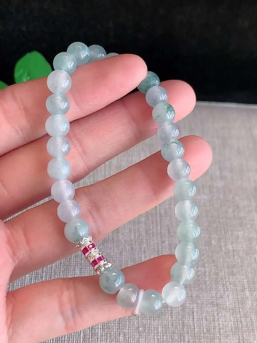 a货翡翠老坑冰种飘花圆珠佛珠手串28颗 尺寸6.3mm 重量14.88g 1116