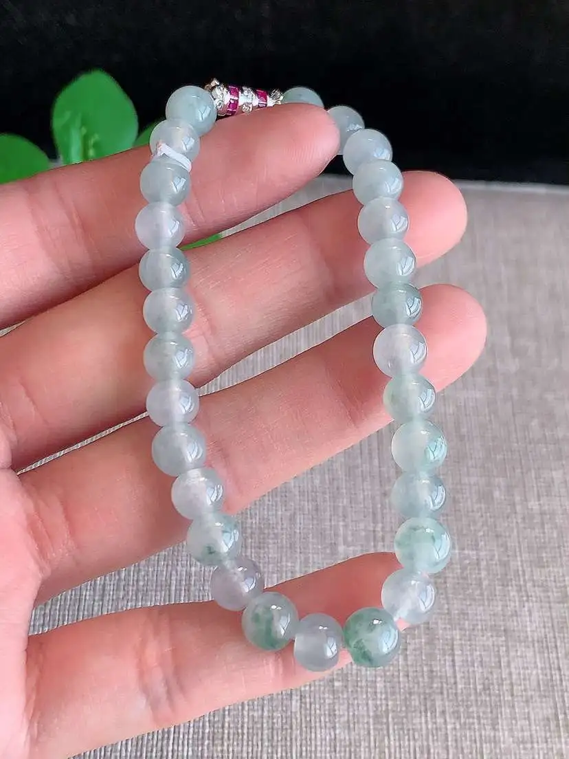 a货翡翠老坑冰种飘花圆珠佛珠手串28颗 尺寸6.3mm 重量14.88g 1116