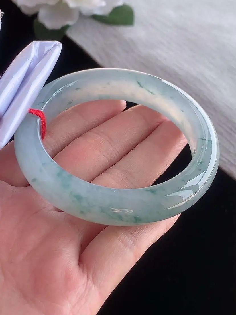a货翡翠老坑冰种飘花正装正圈手镯54-55圈口  尺寸54.8×12.8×9mm 1116