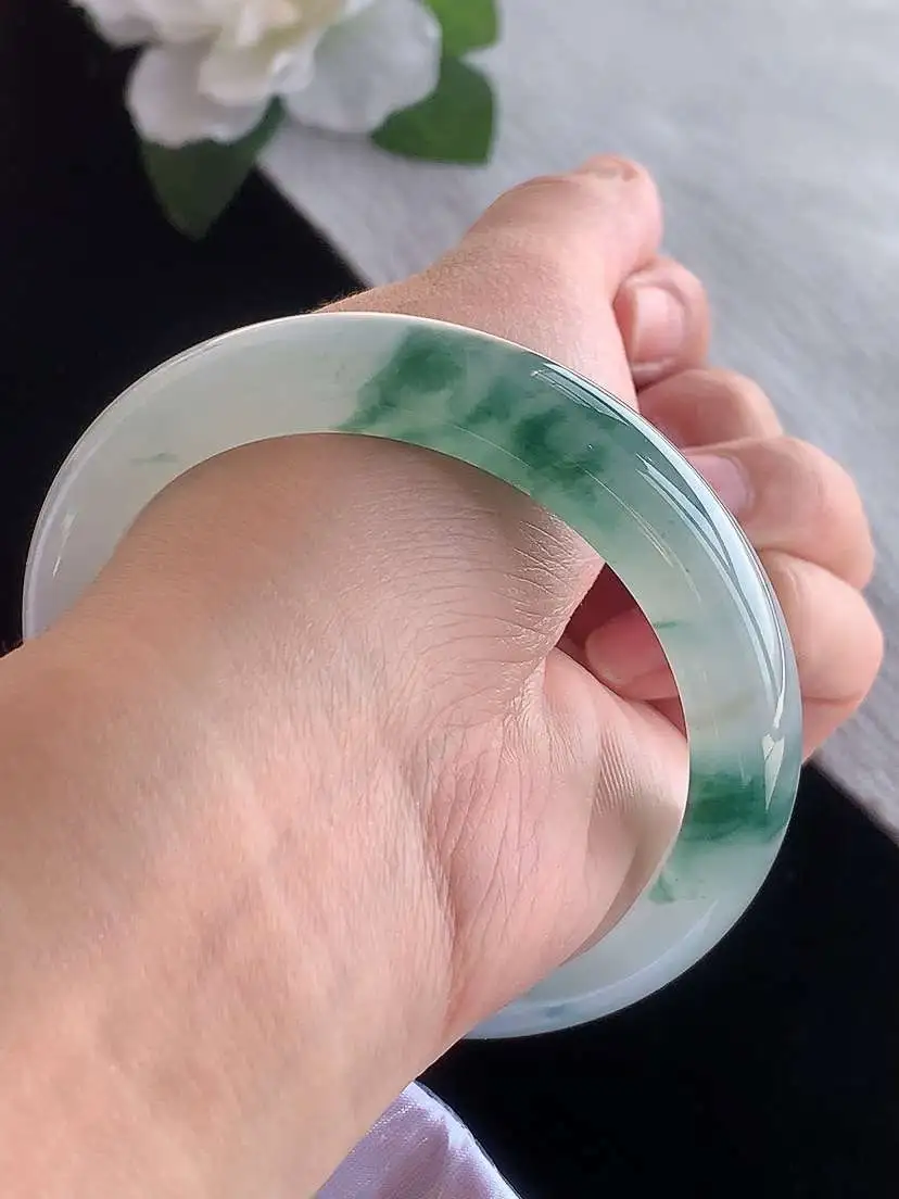 a货翡翠老坑冰种飘花正装正圈手镯59-60圈口  尺寸59×12.5×9mm 1116 A88