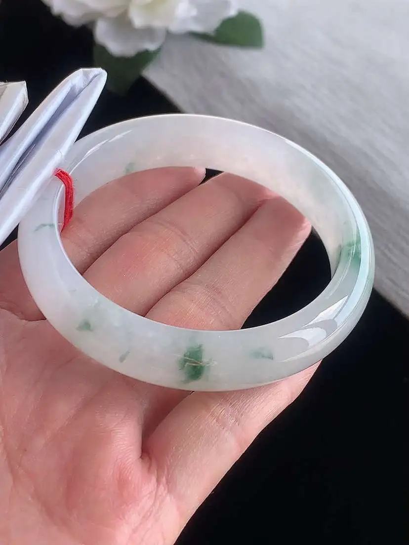 a货翡翠老坑冰种飘花正装正圈手镯57-58圈口  尺寸57.5×13.3×8mm 1116