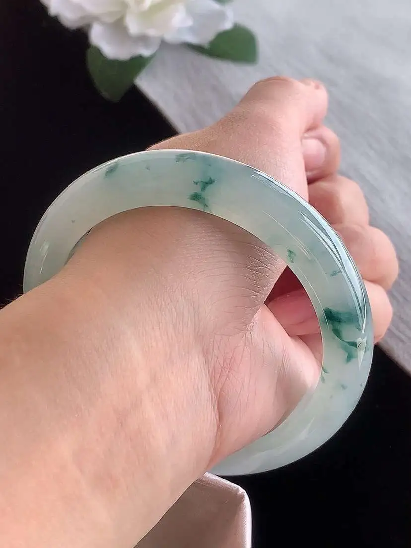 a货翡翠老坑冰种飘花正装正圈手镯59-60圈口  尺寸59.5×12.6×9.6mm 1116 A83