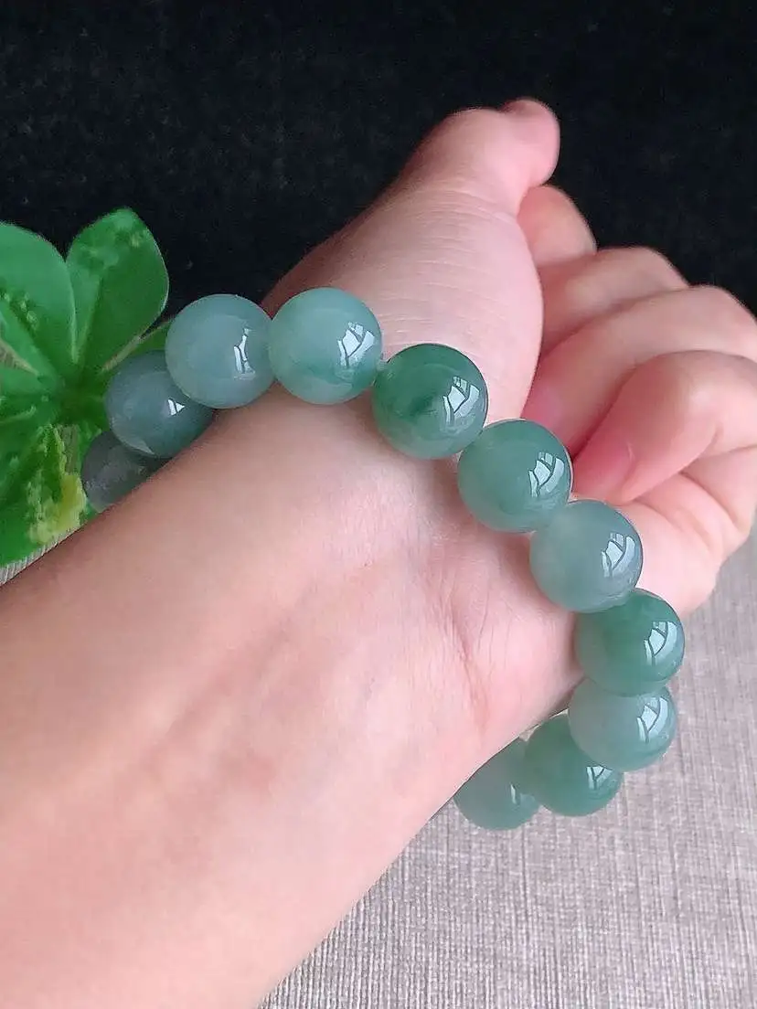 a货翡翠老坑冰种飘花圆珠佛珠手串16颗  尺寸12.5mm 重量58.38g 1118