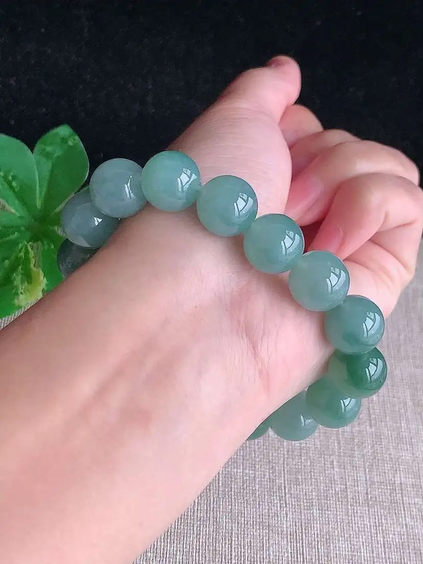 a货翡翠老坑冰种飘花圆珠佛珠手串16颗  尺寸12.5mm 重量58.38g 1118