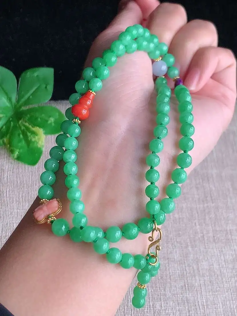 a货翡翠老坑冰种满绿圆珠项链毛衣链79颗  尺寸6mm 重量30.24g 1118