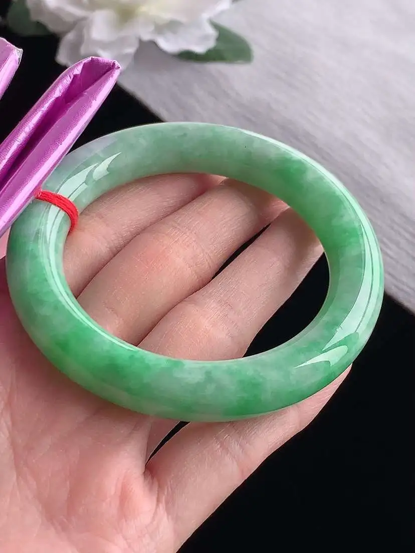a货翡翠老坑冰种满绿圆条手镯54-55圈口  尺寸54.8×11.3mm 1118