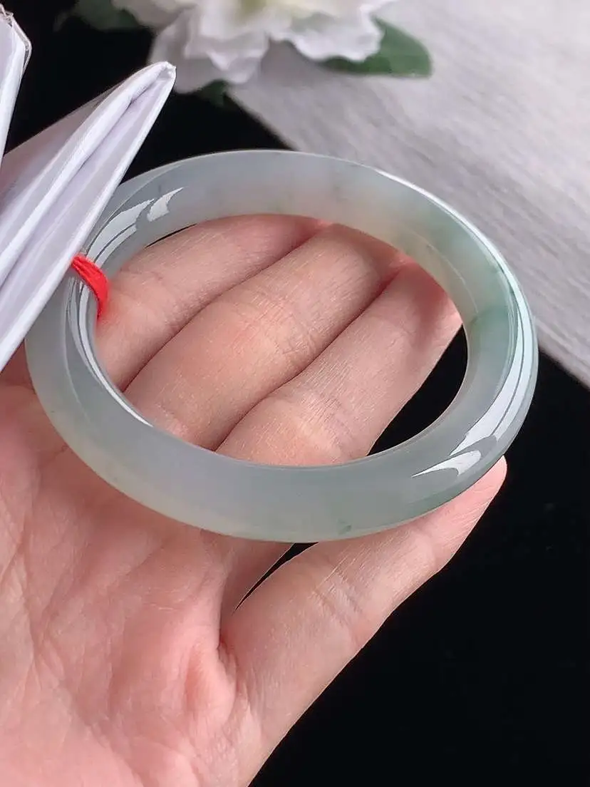 a货翡翠老坑冰种飘花圆条手镯52-53小圈口  尺寸52.8×9.6mm 1118