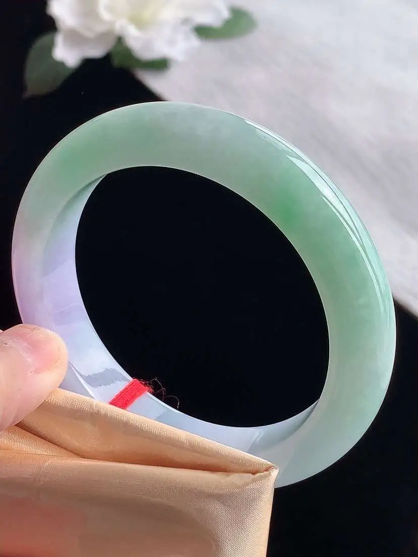 a货翡翠老坑冰种春带彩紫罗兰飘绿厚装正装正圈手镯56-57圈口 尺寸56.8×12.2×9.3mm 