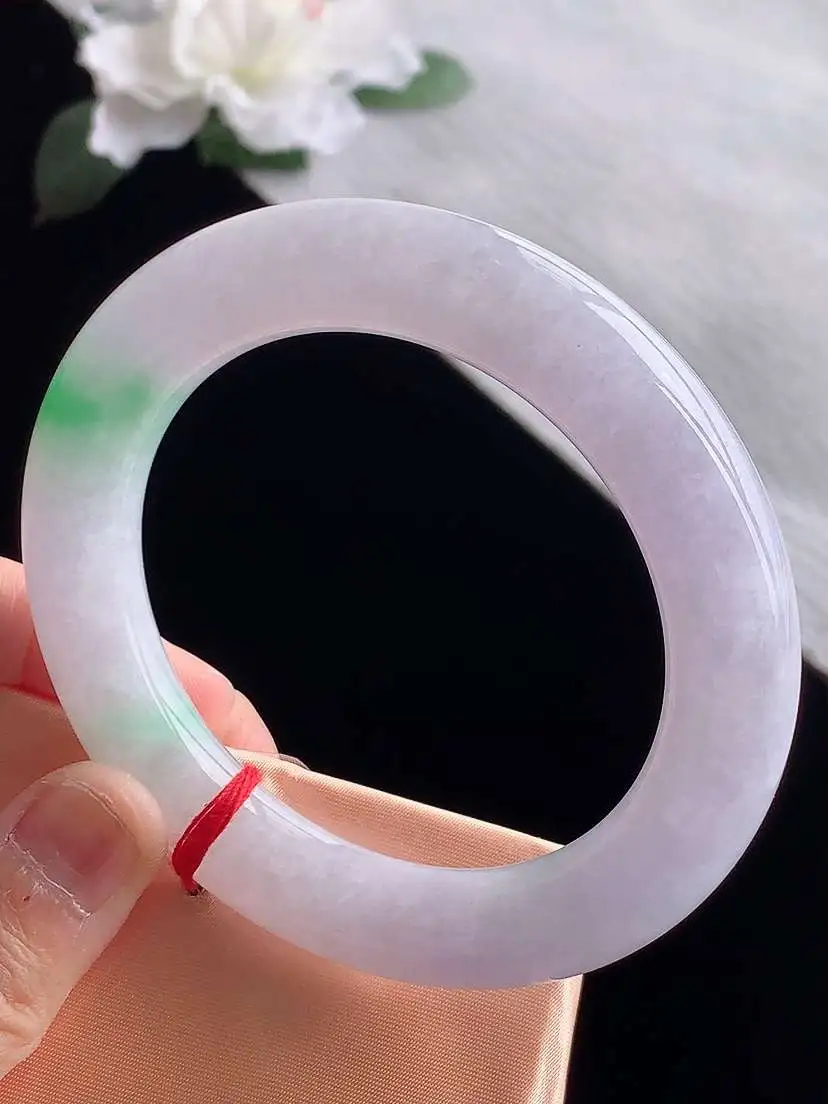 a货翡翠老坑冰种春带彩紫罗兰飘绿胖圆条手镯57-58圈口  尺寸57.8×12mm 1119