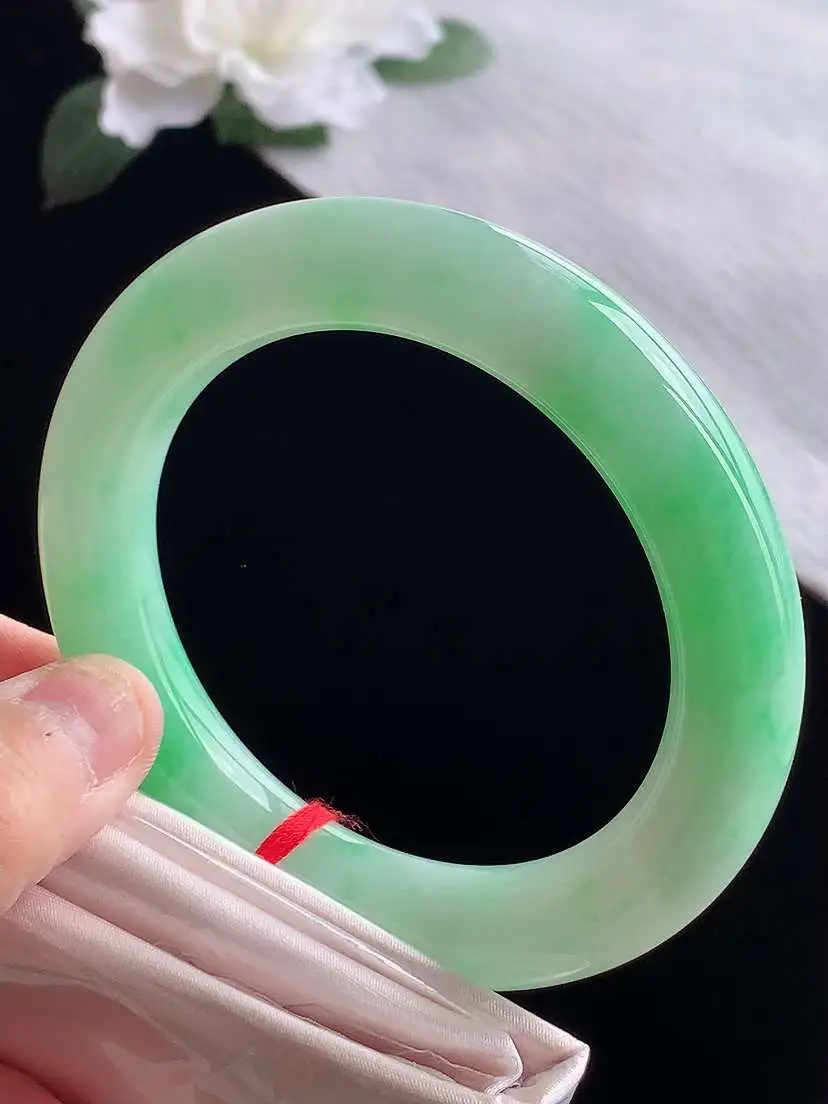 a货翡翠老坑冰种飘绿胖圆条手镯58-59圈口  尺寸58.5×12mm 1119 A78