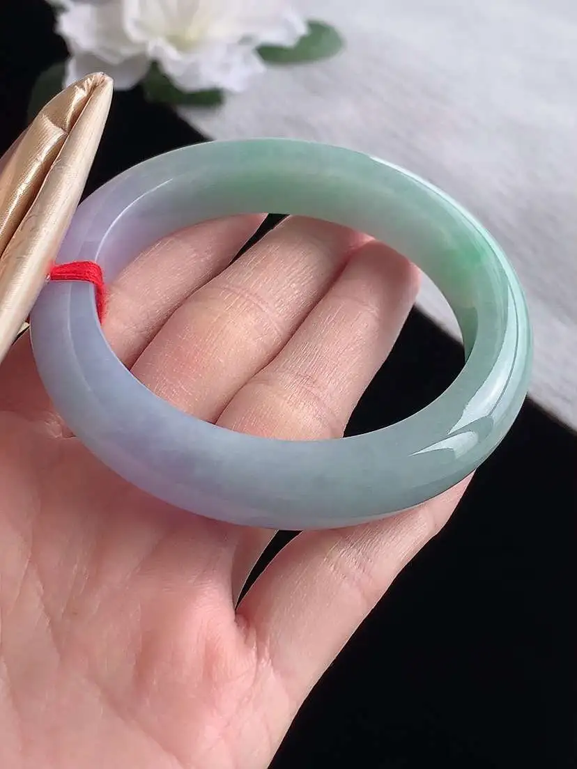 a货翡翠老坑冰种春带彩紫罗兰飘绿厚装正装正圈手镯56-57圈口 尺寸56.8×12.2×9.3mm 1119