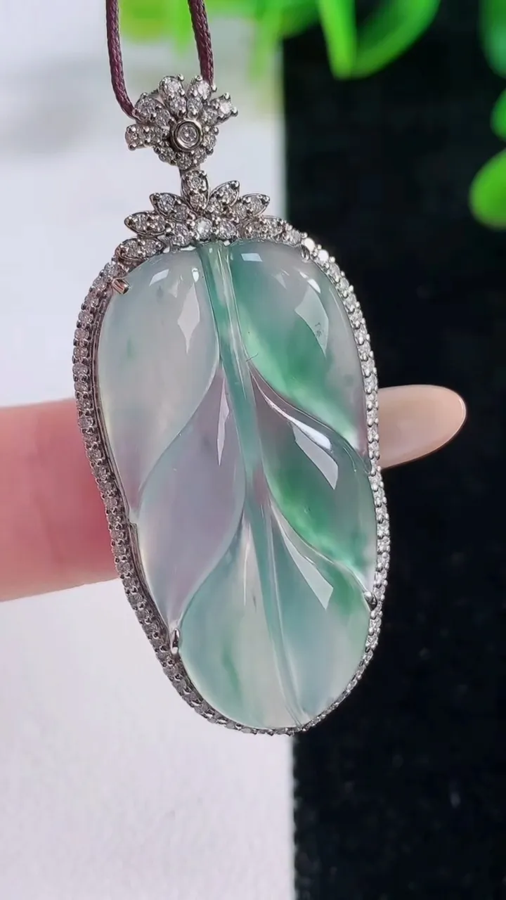 天然A货翡翠种飘花金枝玉叶 叶子吊坠，尺寸44-20-7，裸石32.4-17重量:7.03g
11月