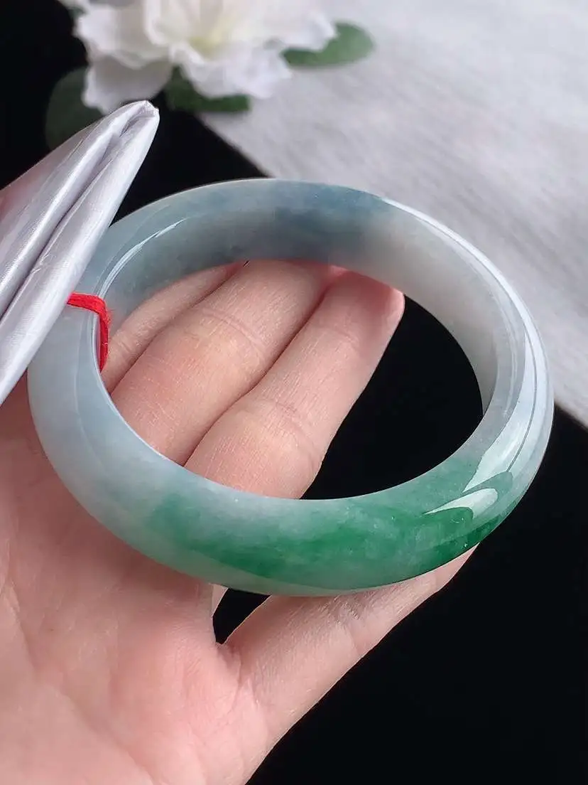 a货翡翠老坑冰种春带彩紫罗兰飘绿厚装正装正圈手镯58-59圈口  尺寸58.5×13.4×9.3mm 1119