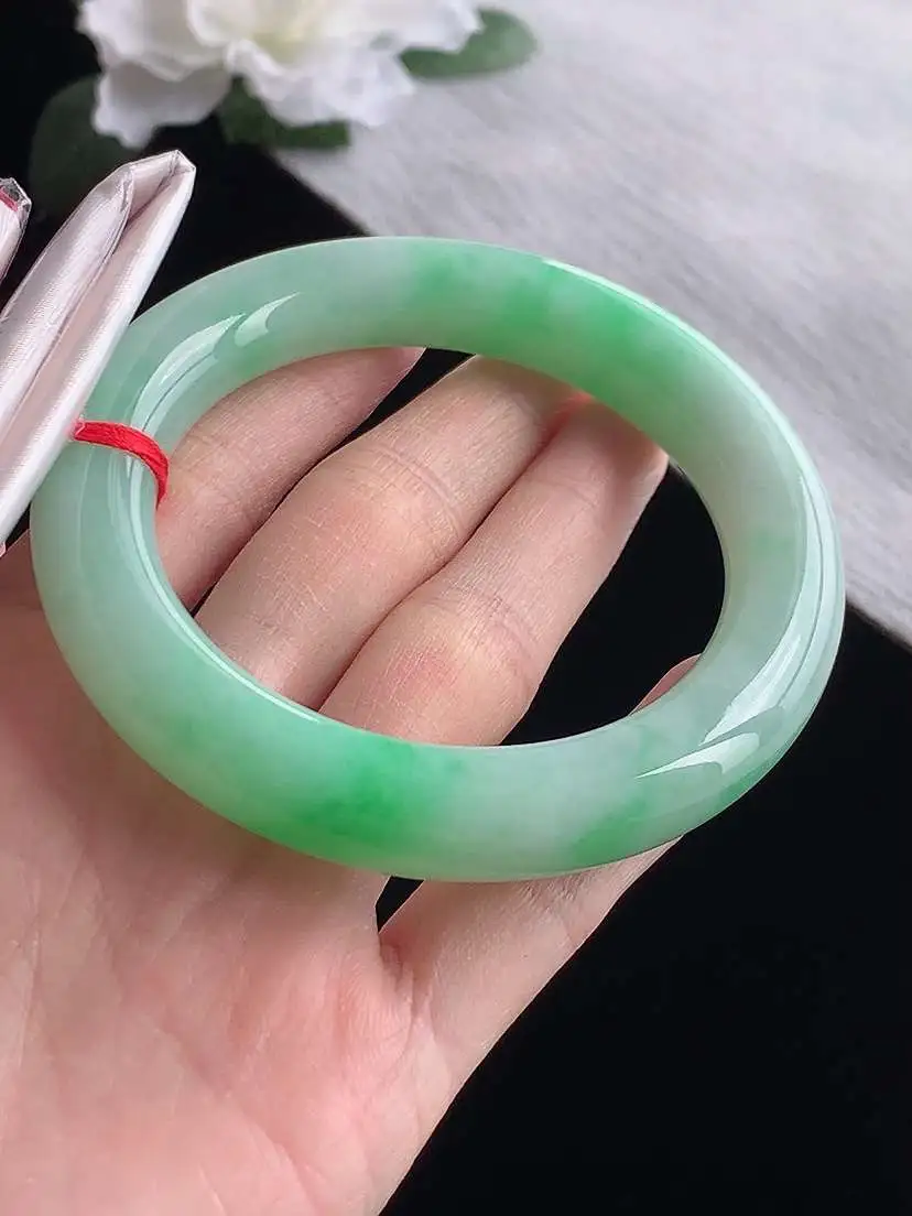 a货翡翠老坑冰种飘绿胖圆条手镯58-59圈口  尺寸58.5×12mm 1119 A78