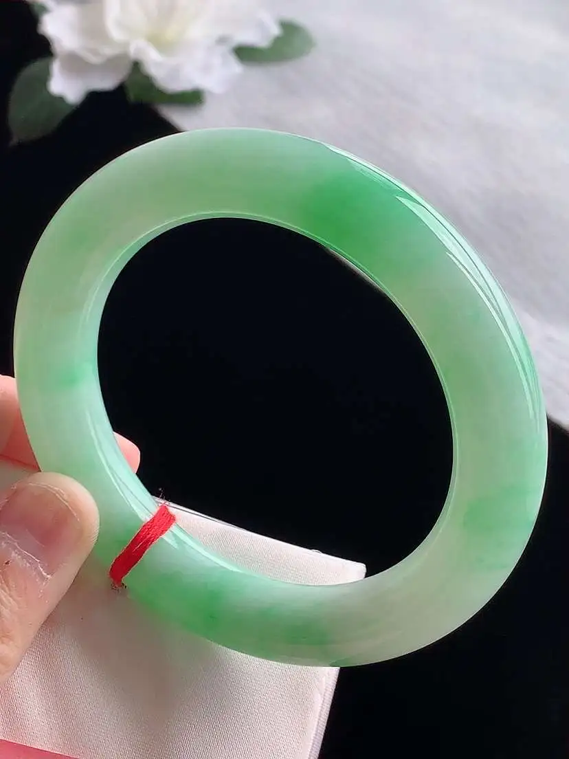 a货翡翠老坑冰种飘绿胖圆条手镯58-59圈口  尺寸58.5×12mm 1119 A78