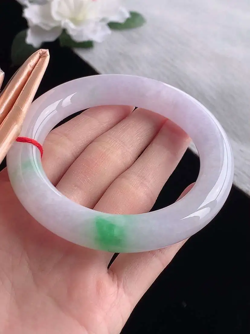 a货翡翠老坑冰种春带彩紫罗兰飘绿胖圆条手镯57-58圈口  尺寸57.8×12mm 1119