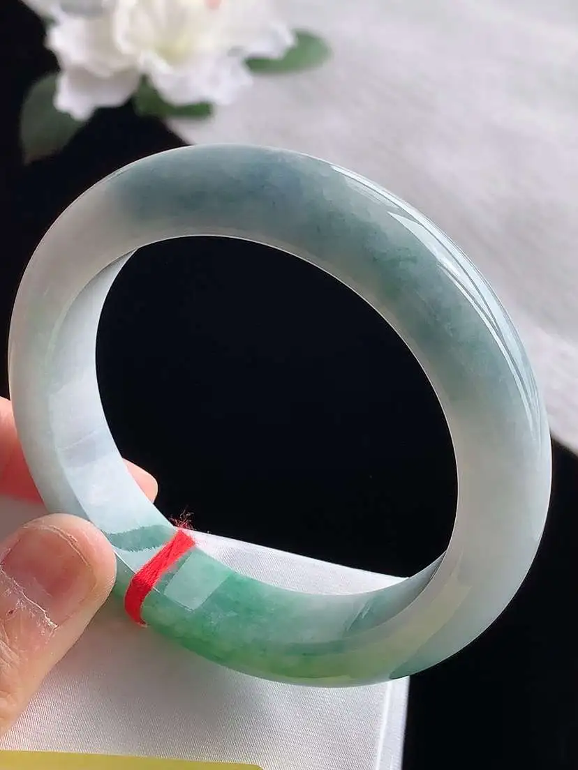 a货翡翠老坑冰种春带彩紫罗兰飘绿厚装正装正圈手镯58-59圈口  尺寸58.5×13.4×9.3mm 1119