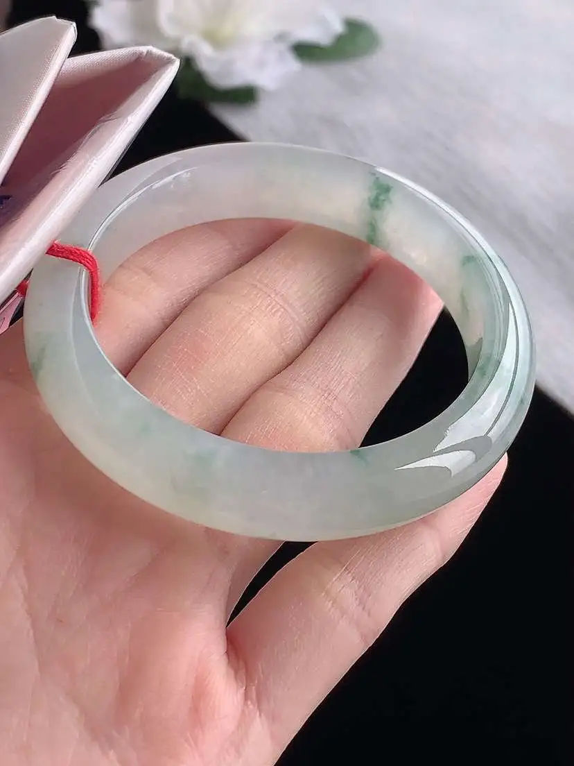 a货翡翠老坑冰种飘花正装正圈手镯54-55圈口  尺寸54.5×12×8.5mm 1119