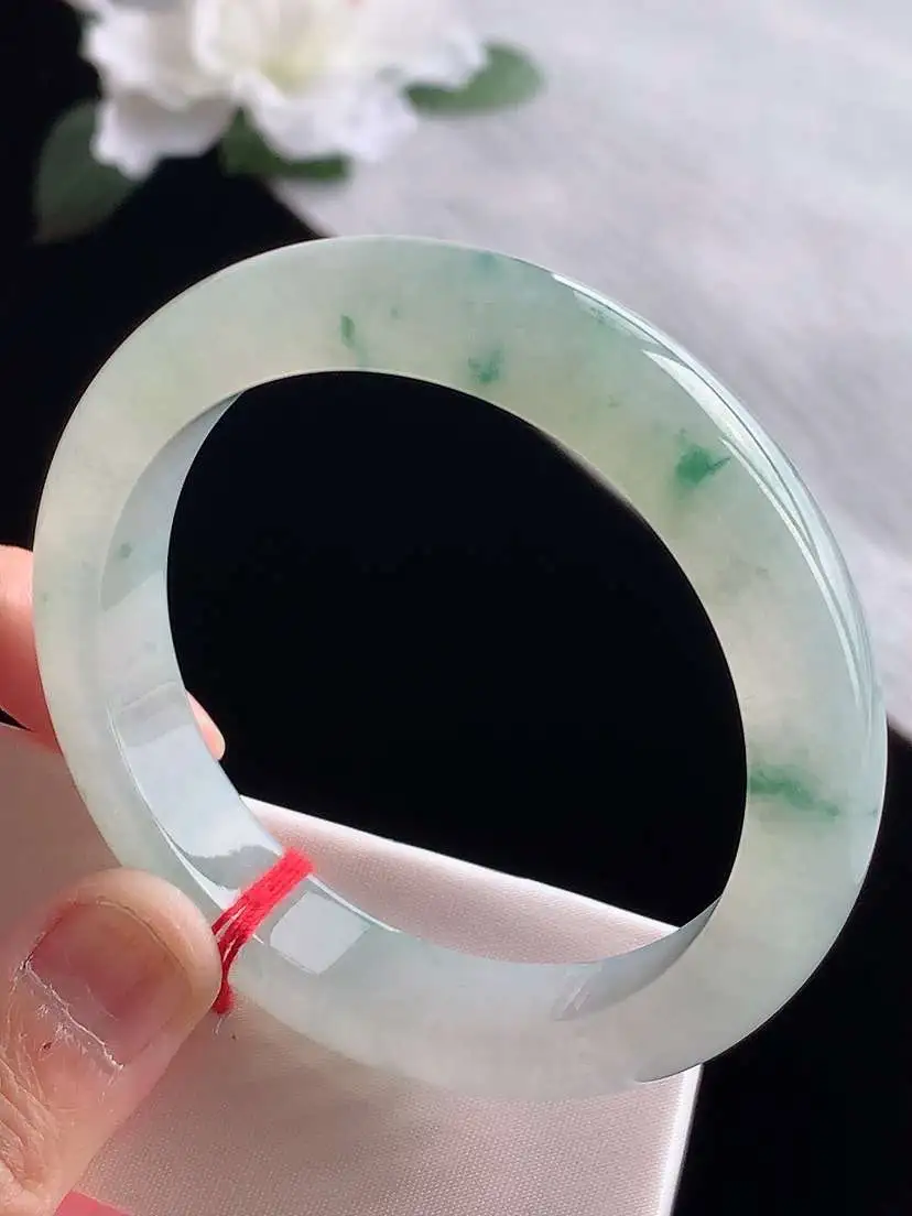 a货翡翠老坑冰种飘花正装正圈手镯54-55圈口  尺寸54.5×12×8.5mm 1119
