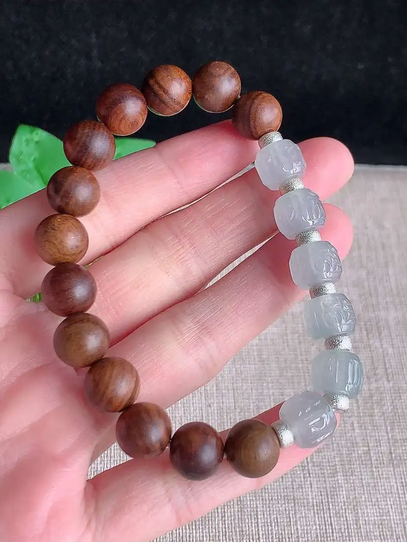 a货翡翠老坑冰种白月光六字真言手串 尺寸7.3×9.6mm 重量18.15g 1119