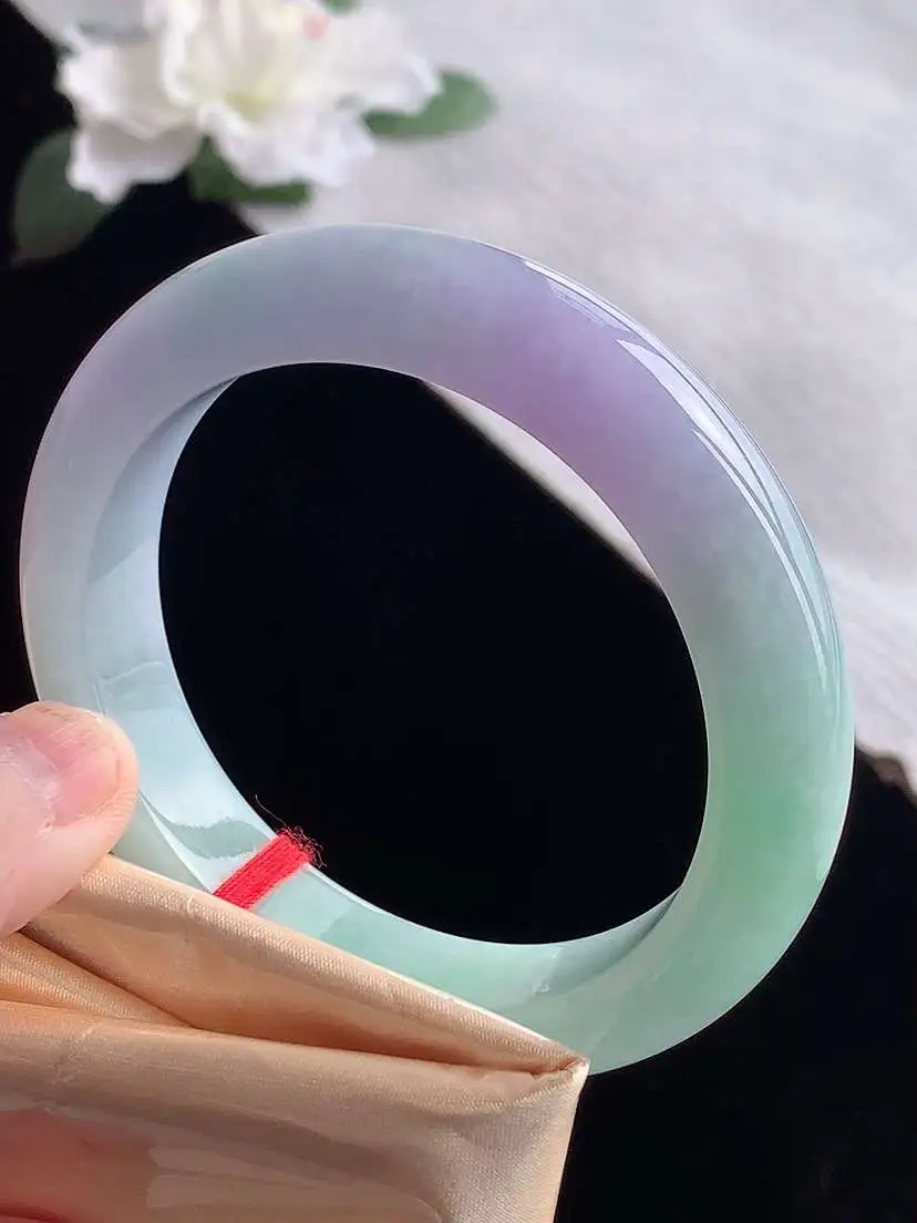 a货翡翠老坑冰种春带彩紫罗兰飘绿厚装正装正圈手镯56-57圈口 尺寸56.8×12.2×9.3mm 1119