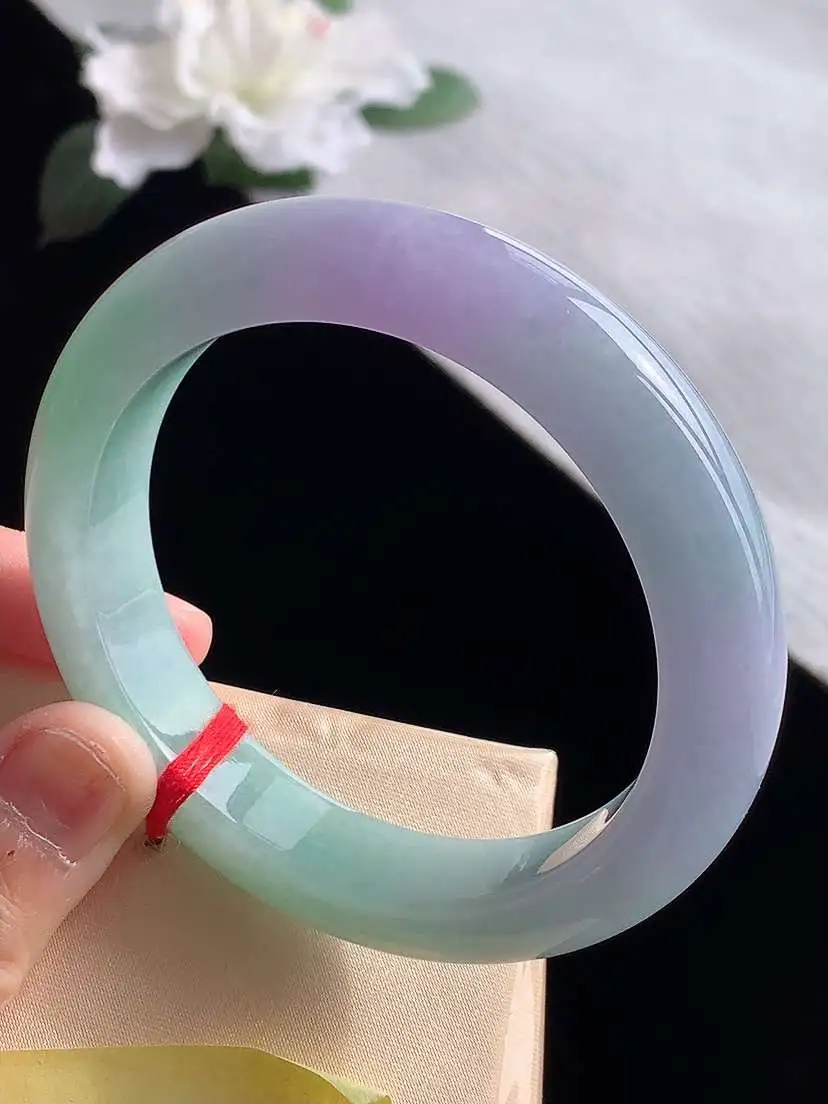 a货翡翠老坑冰种春带彩紫罗兰飘绿厚装正装正圈手镯56-57圈口 尺寸56.8×12.2×9.3mm 