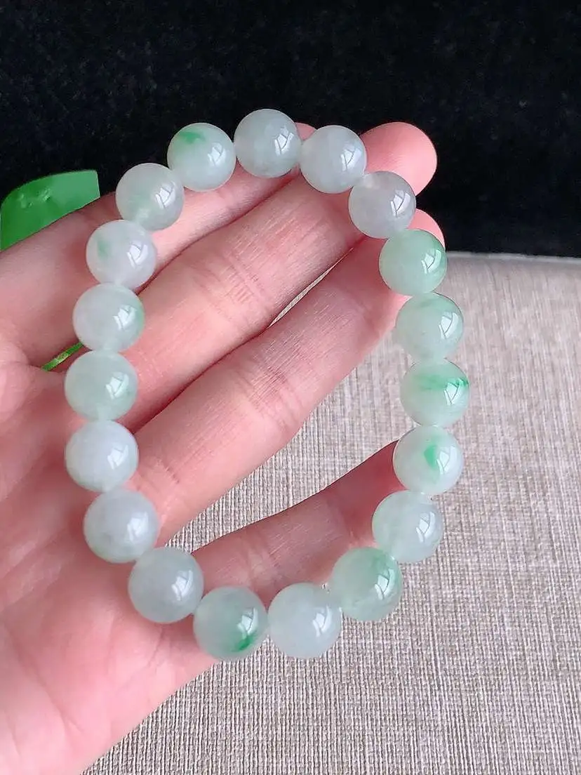 a货翡翠老坑冰种飘绿圆珠佛珠手串19颗  尺寸10.4mm 重量38.32g 1119